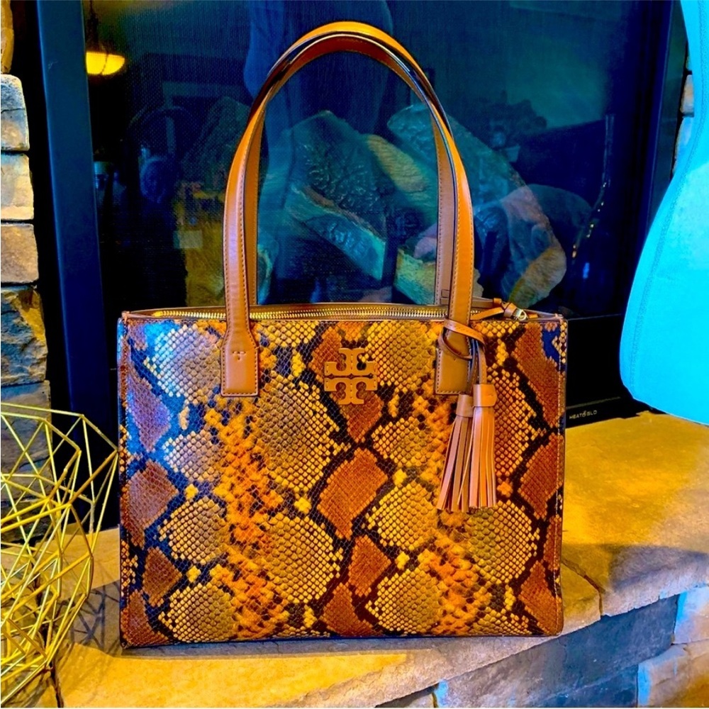 Tory Burch Brown and Tan Snakeskin-Print Tote